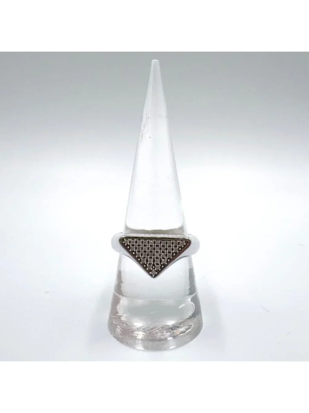 Prada Triangle Logo Pavestone Rhinestone 925 Sterling Silver Clear Ring